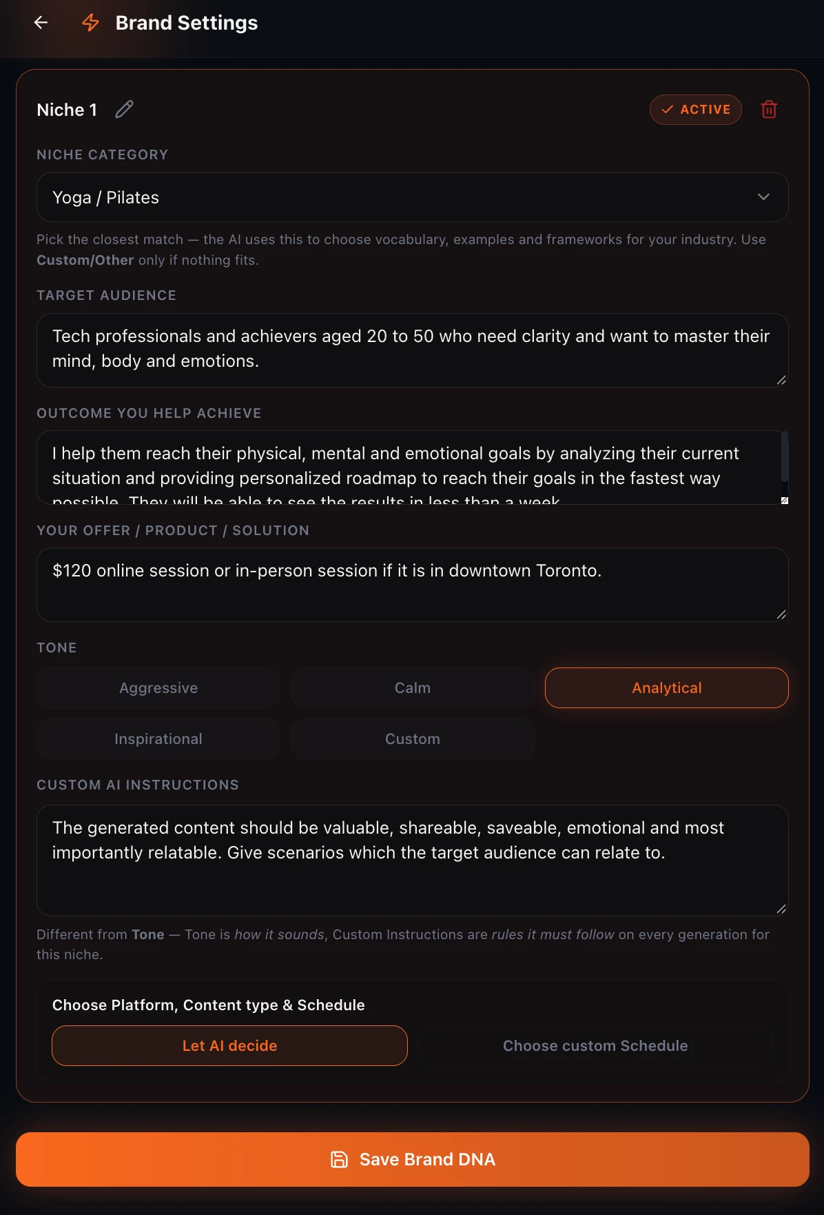 Yoga studio Brand Settings with niche, audience, offer, analytical tone and custom AI instructions