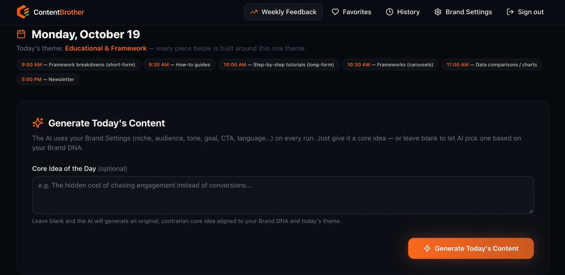 Monday content dashboard with an optional core idea box and Generate Today’s Content button