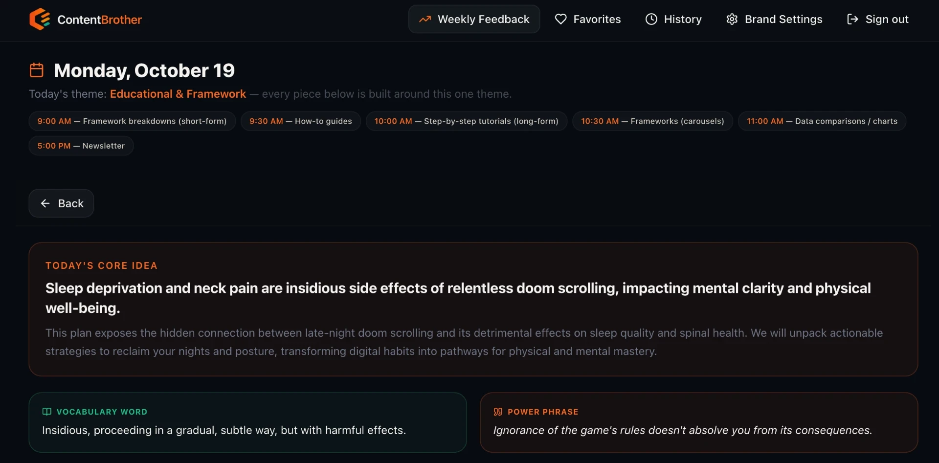 Real Monday plan about doom scrolling and sleep, with six scheduled pieces, vocabulary word and power phrase