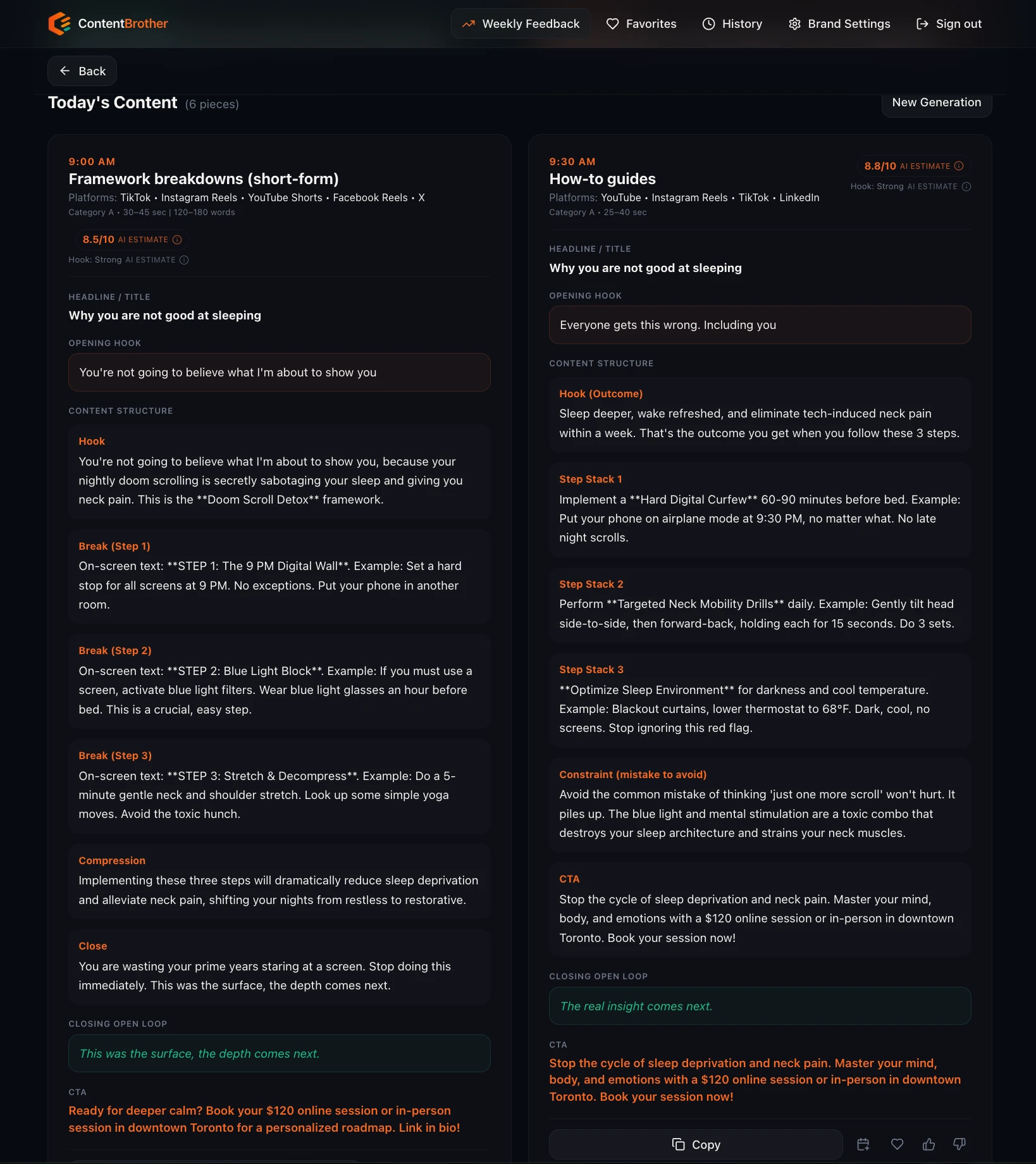 Unedited framework breakdown and how-to scripts with headlines, opening hooks, structure, CTAs and AI estimates